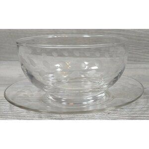 Vintage Clear Etched Art Glass Round Large Mayonnaise Bowl With Underplate